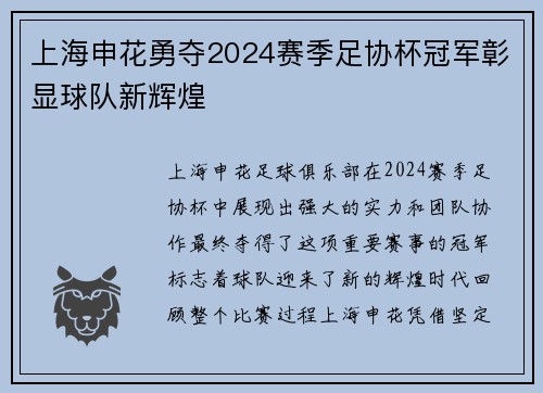 上海申花勇夺2024赛季足协杯冠军彰显球队新辉煌